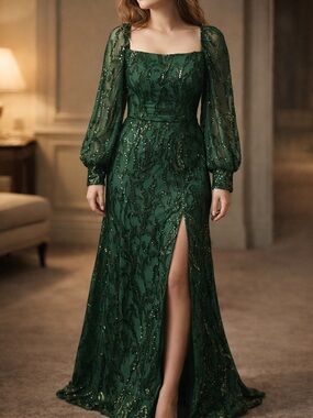 hmark Listing: Emerald Green Sequin Long Formal Gown – Size 4 (NWT)
